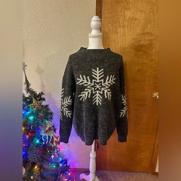Michelle Mae Charcoal and Cream Snowflake Holiday Sweater - Picture 1 of 7